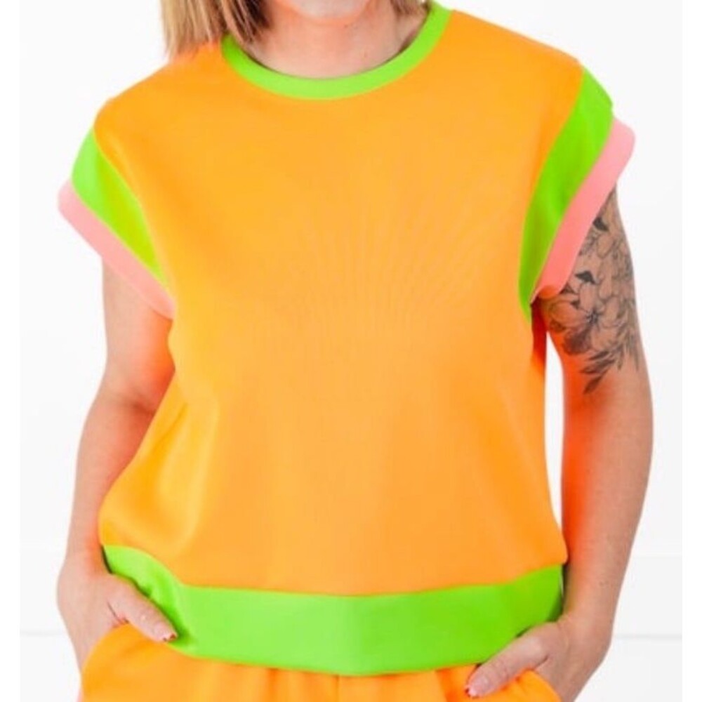 neon orange shirt neon green Top Womens large scuba knit top round neck 80s Y2K